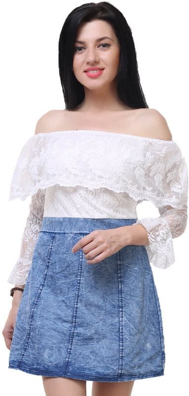 Casual Bell Sleeves Embroidered Women White Top