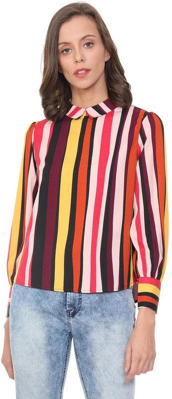 Casual Cuffed Sleeves Striped Women Multicolor Top