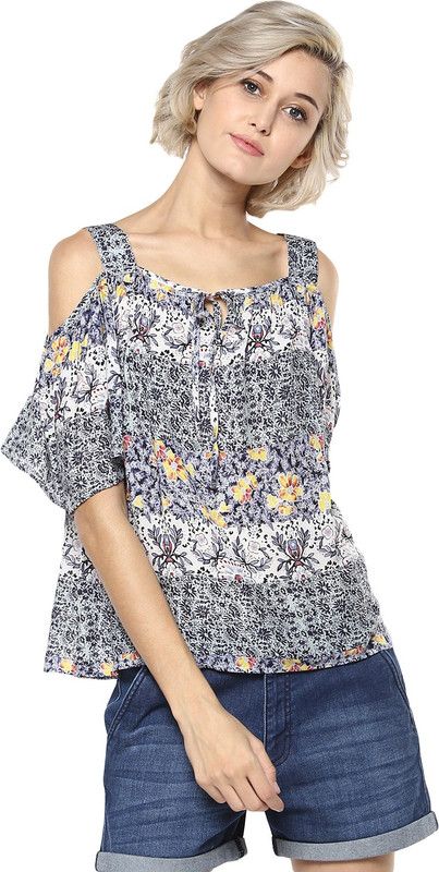 Casual Cold Shoulder Sleeves Floral Print Women Multicolor Top