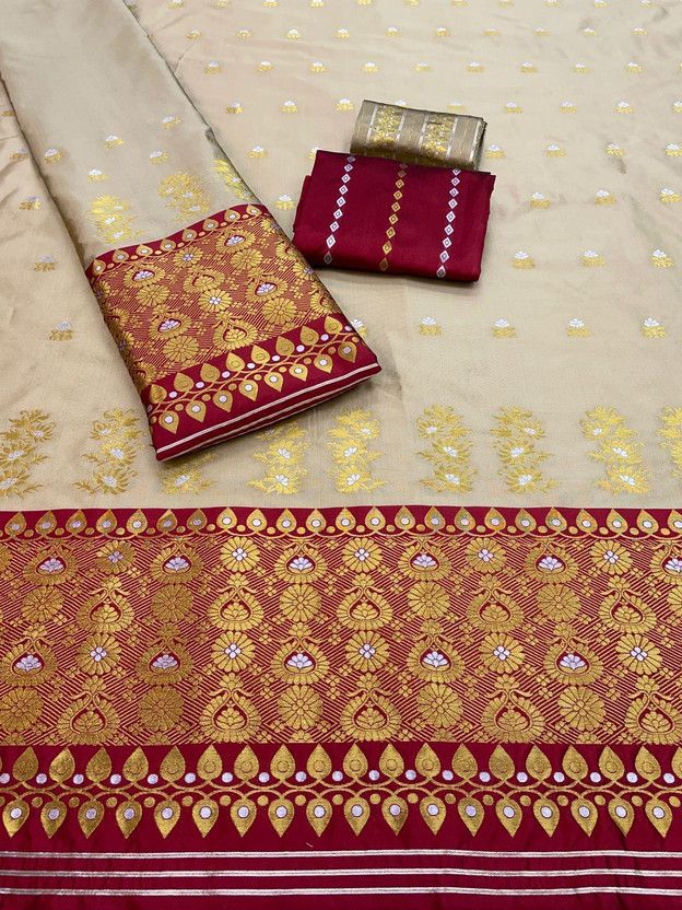Woven Mekhela Chador Silk Blend Saree  (Maroon, Cream)