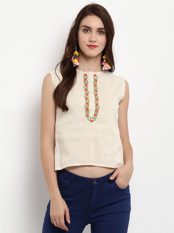 Casual Sleeveless Embroidered Women Beige Top