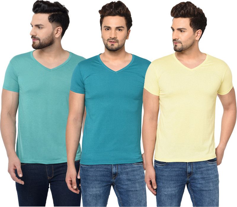 Pack of 3 Men Solid V Neck Cotton Blend Light Blue, Yellow T-Shirt