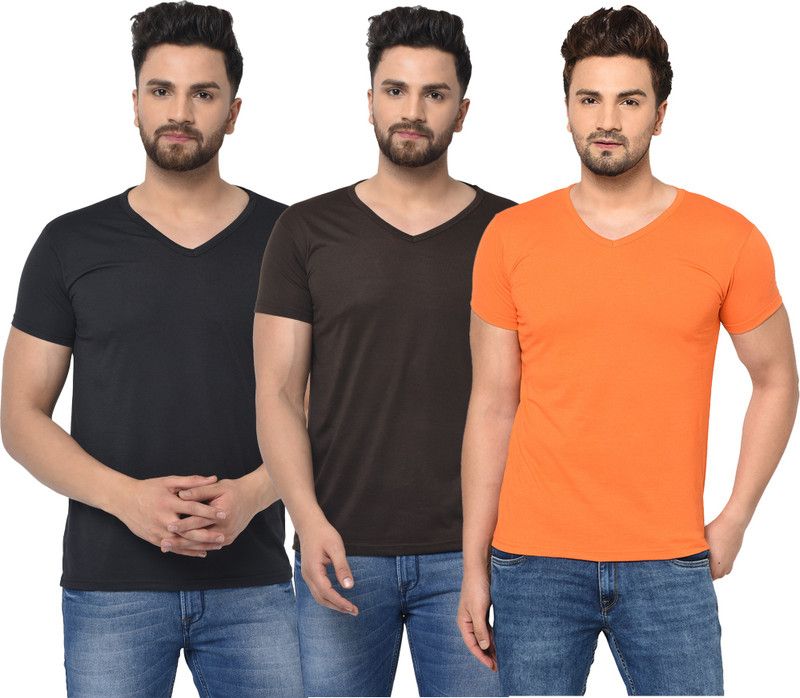 Pack of 3 Men Solid V Neck Cotton Blend Brown, Black, Orange T-Shirt