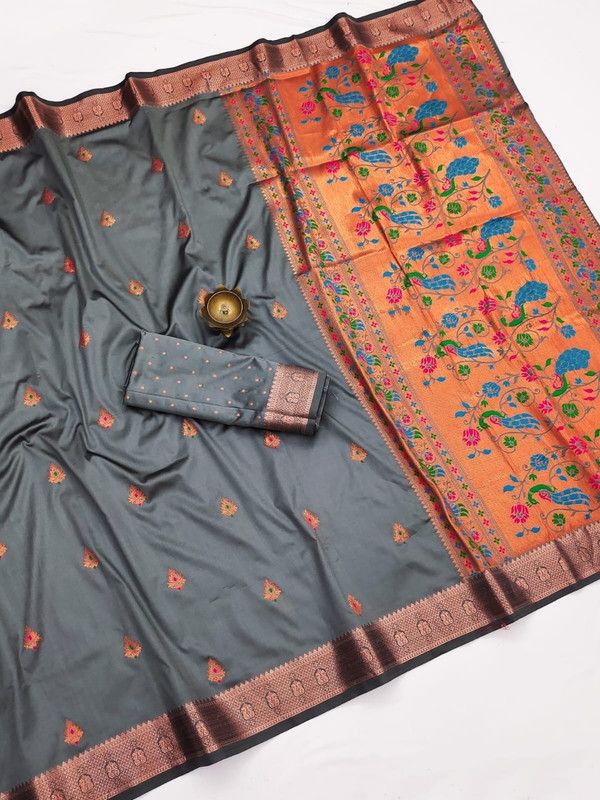Woven Paithani Silk Blend Saree  (Grey)