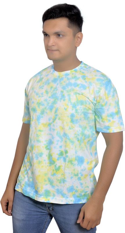 Men Tie & Dye Round Neck Cotton Blend Yellow T-Shirt