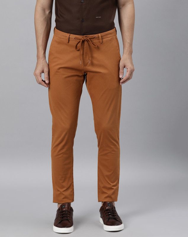 Men Regular Fit Orange Cotton Blend Trousers