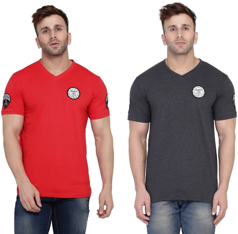 Pack of 2 Faizaan Men Solid V Neck Cotton Blend Red, Grey T-Shirt