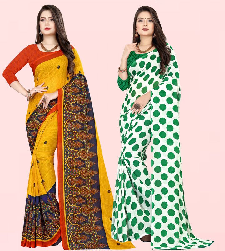 Printed Daily Wear Georgette Saree  (Pack of 2, Dark Green, Yellow)
