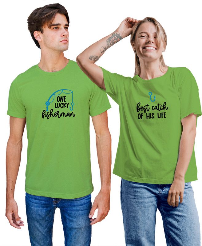 Couple Printed, Typography Round Neck Cotton Blend Green T-Shirt
