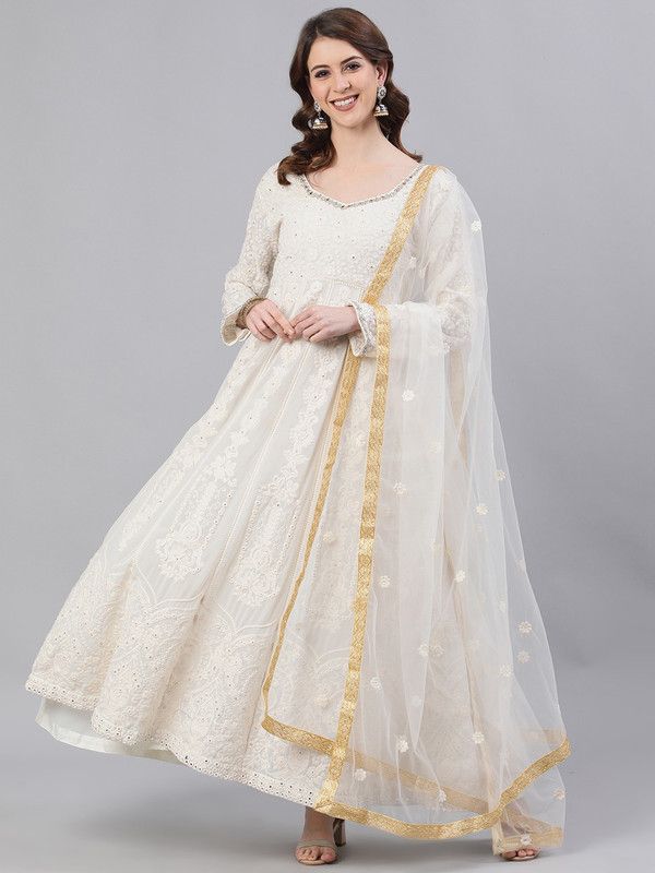 Women Embroidered Georgette Anarkali Kurta  (White)