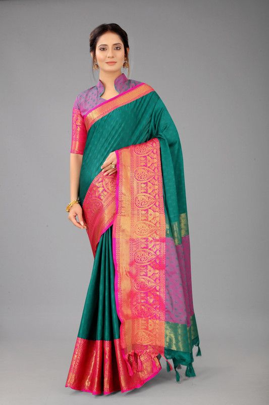 Bollywood Jacquard, Cotton Silk Saree  (Dark Green, Pink)
