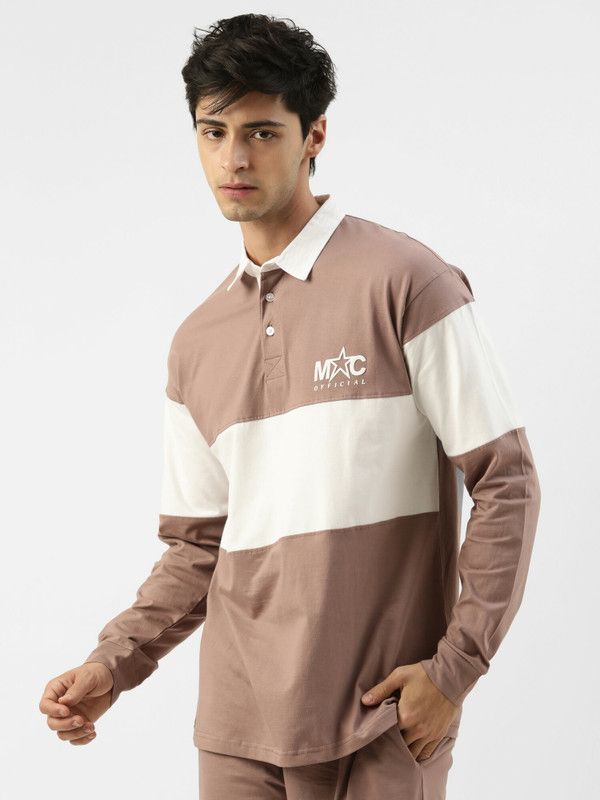 Men Colorblock Polo Neck Pure Cotton Brown T-Shirt
