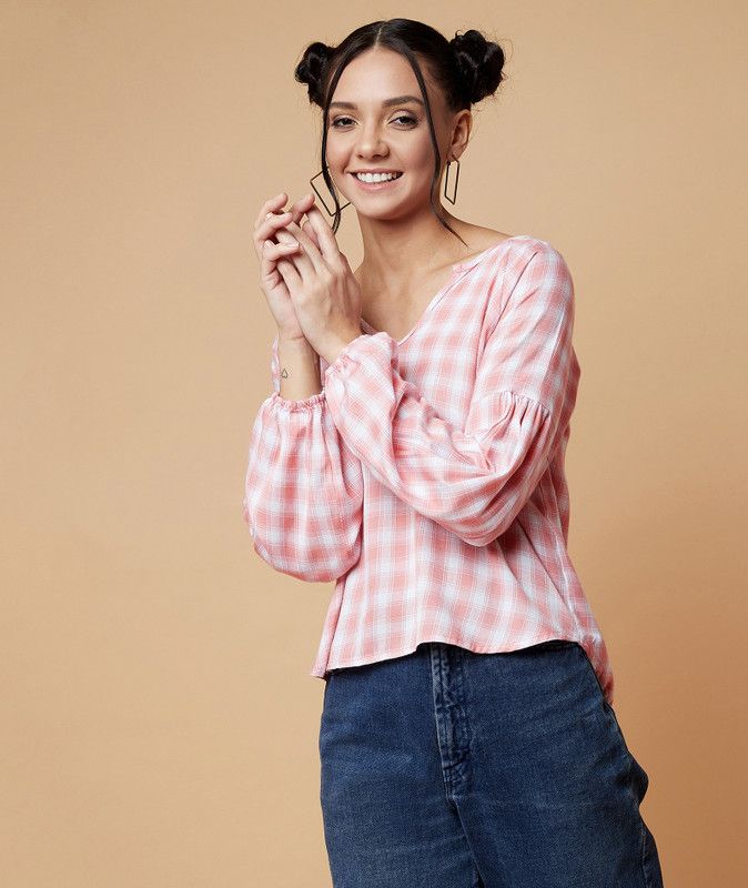 Casual Raglan Sleeves Checkered Women White, Pink Top