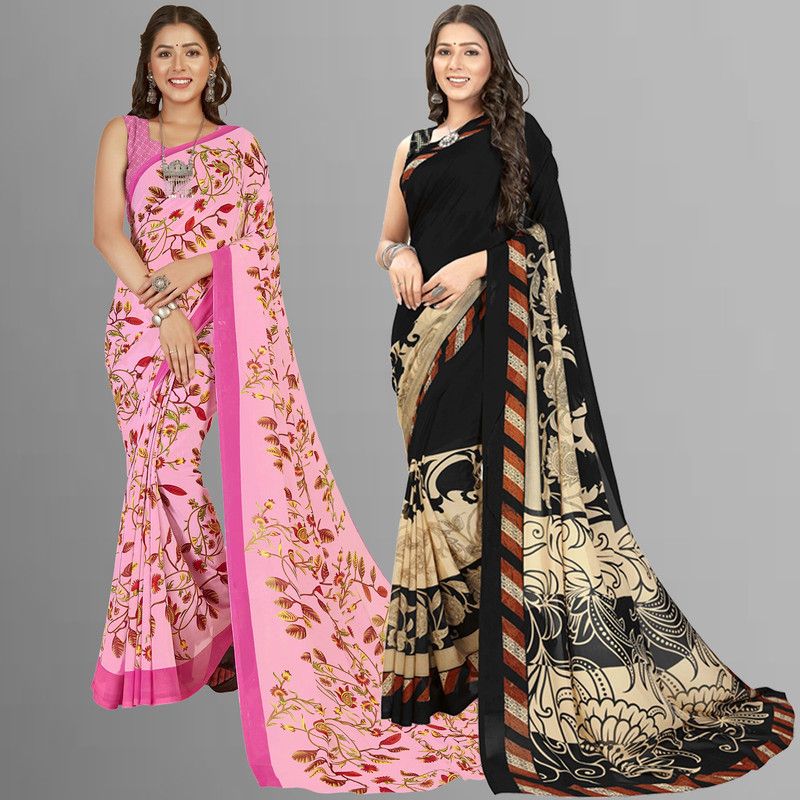 Printed Daily Wear Georgette Saree  (Pack of 2, Black, Pink)