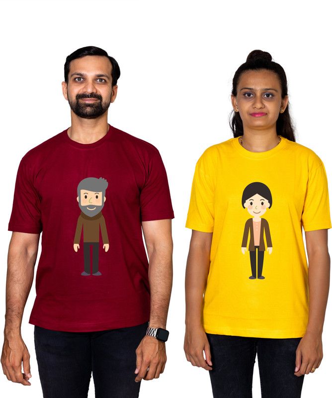 Pack of 2 Couple Cartoon Round Neck Pure Cotton Multicolor T-Shirt