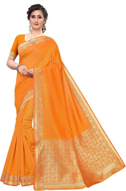 Color Block, Temple Border, Woven Bollywood Jacquard, Cotton Silk Saree  (Orange)