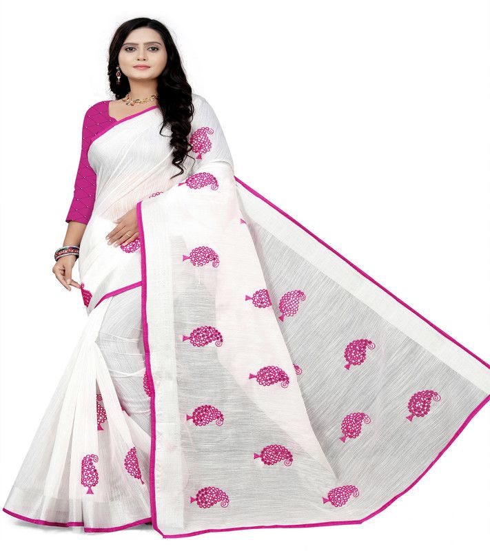 Embroidered Kota Doria Cotton Linen Saree  (White, Green)
