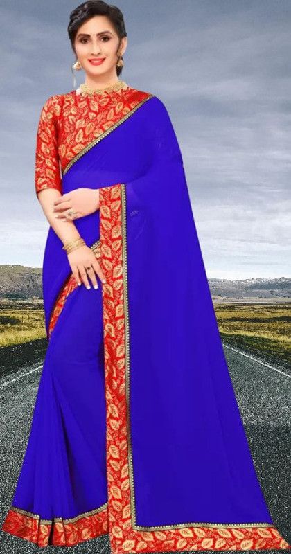 Solid Gadwal Georgette Saree  (Blue)