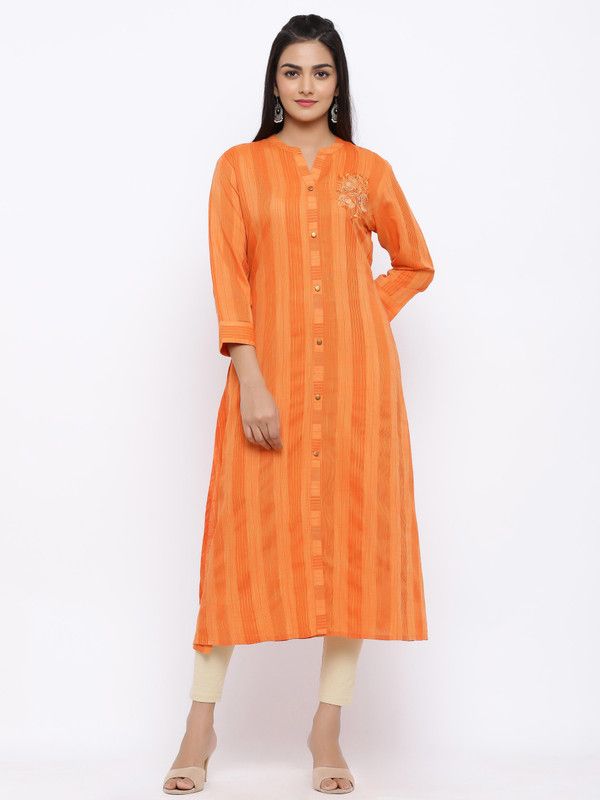 Women Striped Viscose Rayon Straight Kurta  (Orange)