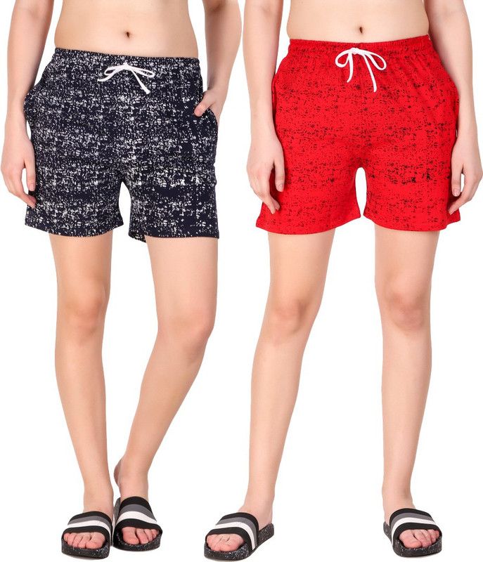 Pack of 2 Printed Women Dark Blue, Red Regular Shorts