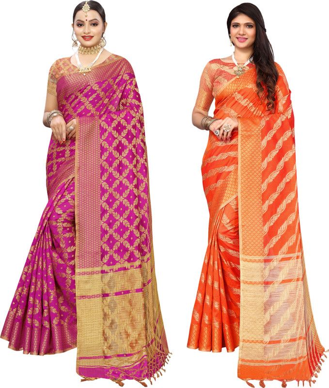 Woven, Embellished, Self Design Daily Wear Cotton Silk Saree  (Pack of 2, Pink, Multicolor)