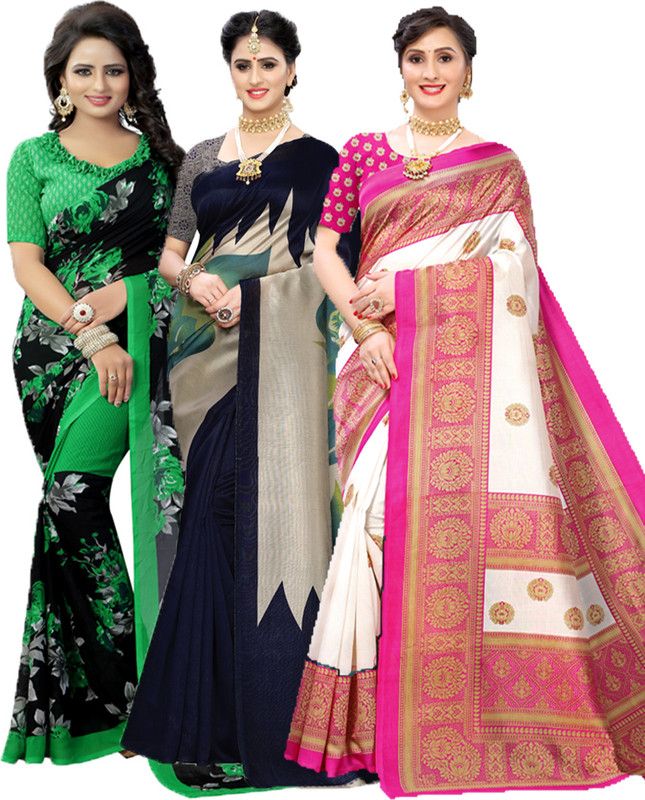 Printed Bollywood Chiffon Saree  (Pack of 3, Green, Dark Blue, Pink)