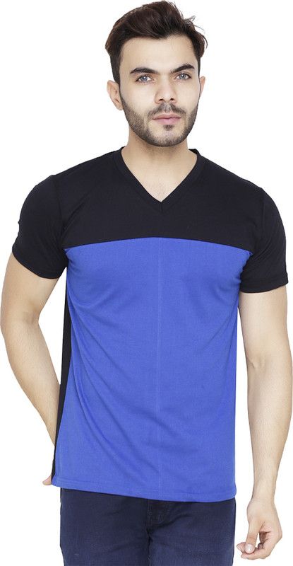 Men Colorblock V Neck Pure Cotton Blue, Black T-Shirt