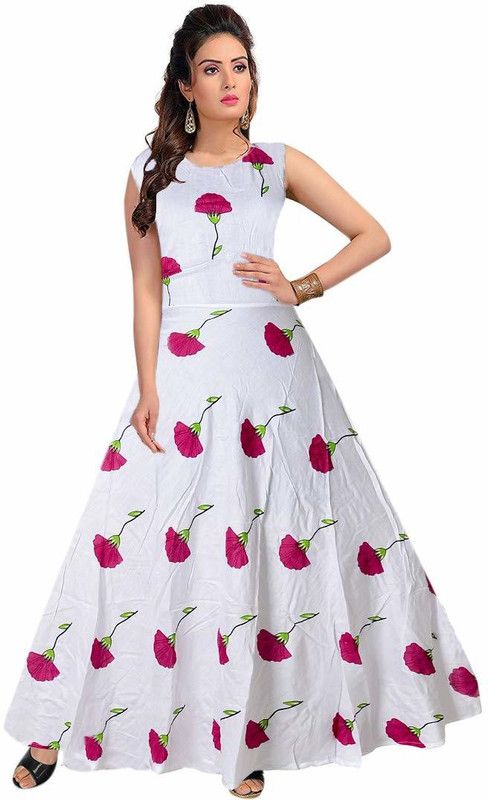 Floral Print Cotton Rayon Semi Stitched Anarkali Gown  (White)