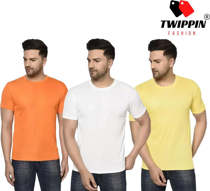 Pack of 3 Men Solid Round Neck Polyester White, Orange, Yellow T-Shirt