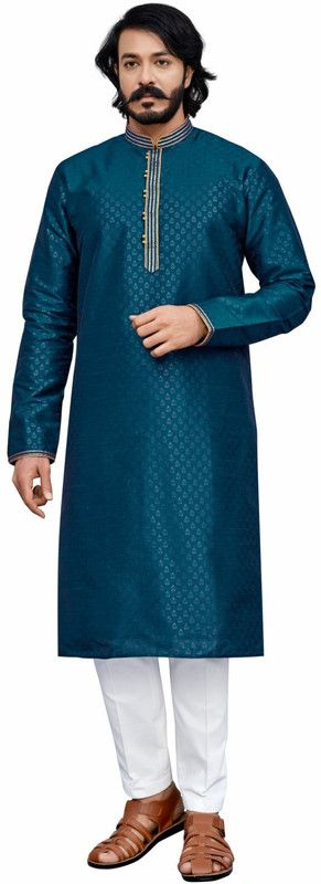 Men Printed Cotton Silk Pathani Kurta  (Green)