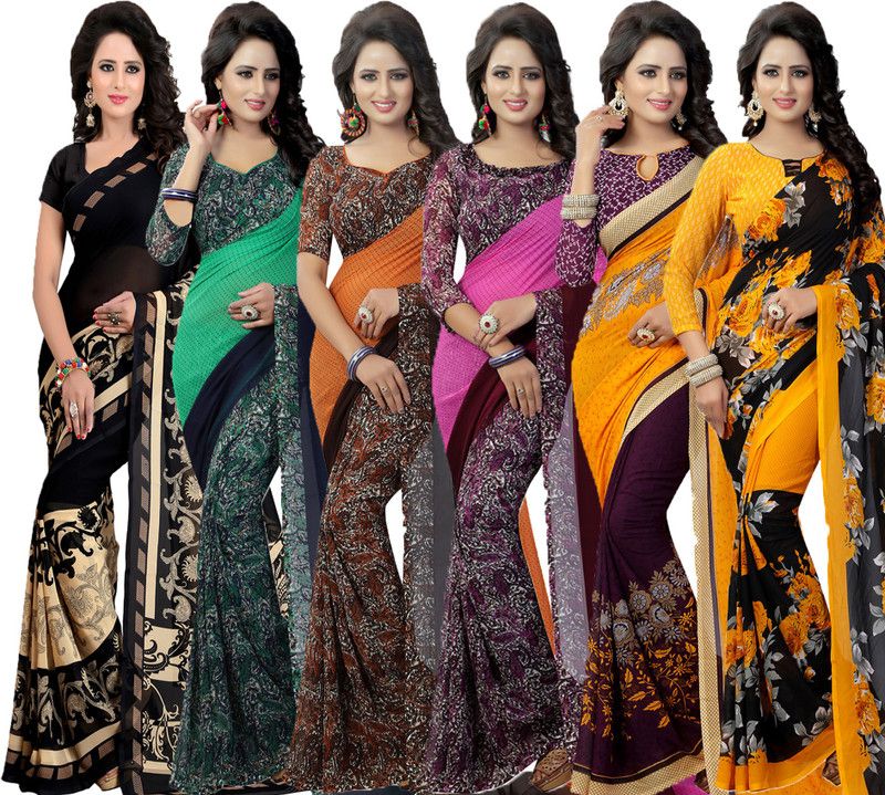 Printed Daily Wear Georgette Saree  (Pack of 6, Purple, Green, Black, Pink, Orange, Yellow)