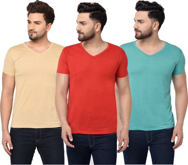 Pack of 3 V neck Combo T-shirts Multicolor Men Solid V Neck Cotton Blend Red, Green, Beige T-Shirt