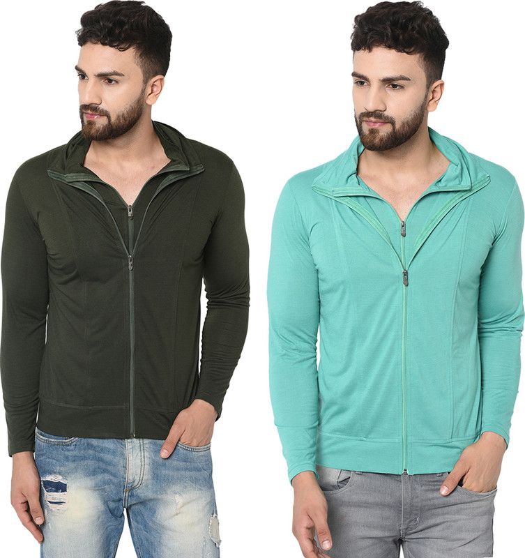 Pack of 2 Men Solid High Neck Cotton Blend Dark Green, Light Green T-Shirt