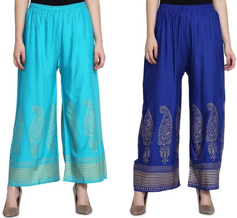 Pack of 2 Women Regular Fit Blue, Blue Cotton Blend Trousers