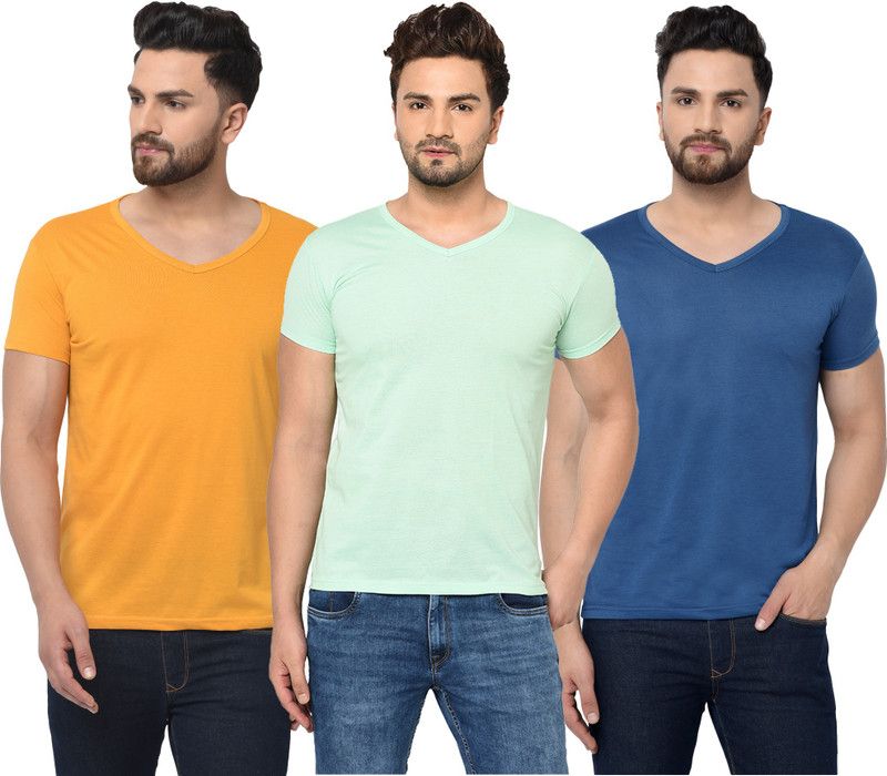 Pack of 3 V neck Combo T-shirts Multicolor Men Solid V Neck Cotton Blend Dark Blue, Light Green, Yellow T-Shirt