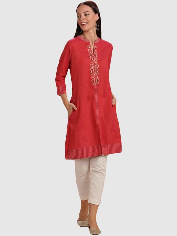 Women Solid Cotton Silk Straight Kurta  (Red)