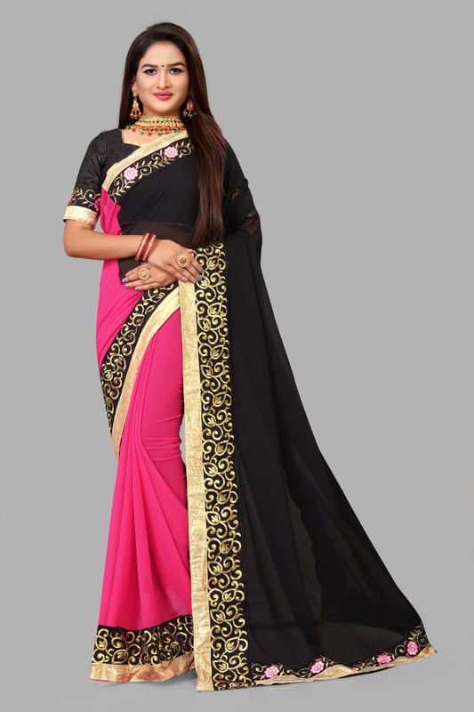 Solid/Plain Bollywood Georgette Saree  (Black, Pink)