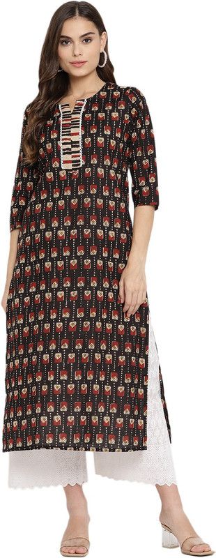 Women Geometric Print Pure Cotton Straight Kurta  (Black)