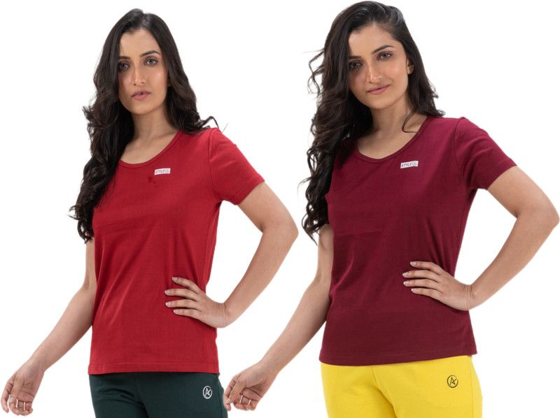 Pack of 2 Women Solid Round Neck Pure Cotton Brown, Maroon T-Shirt