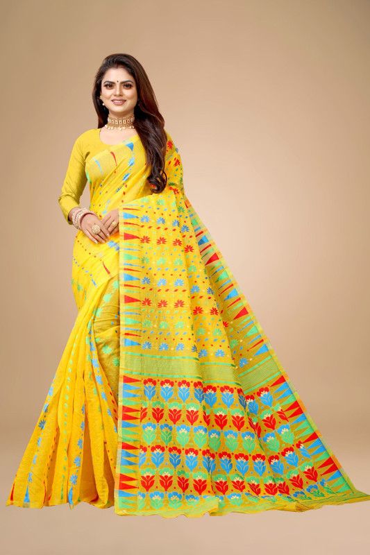 Woven Jamdani Cotton Linen, Cotton Silk Saree  (Yellow)