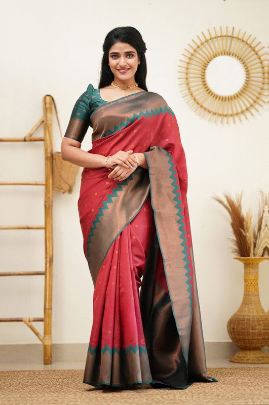 Woven Kanjivaram Jacquard, Pure Silk Saree  (Red, Green)