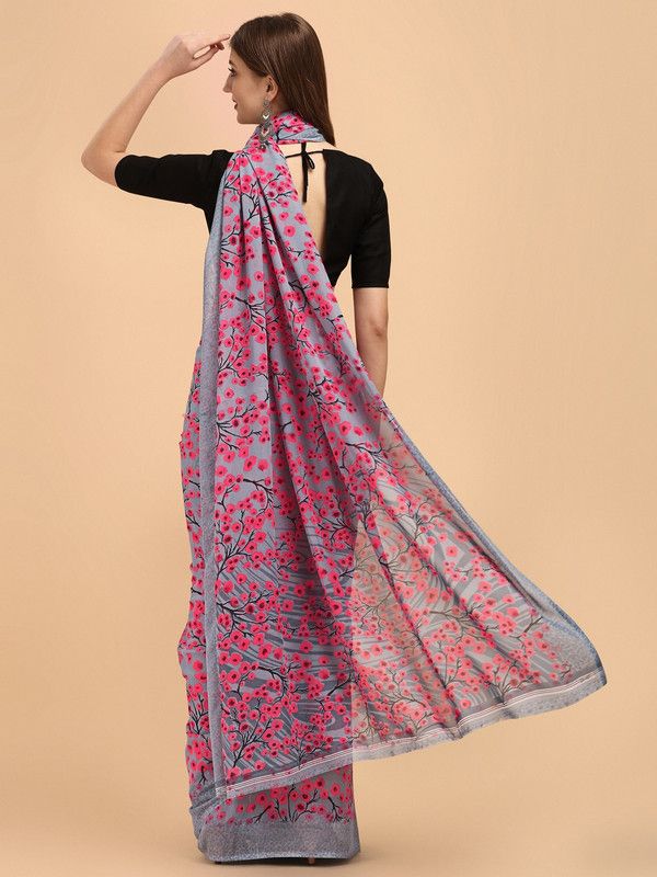 Floral Print Bollywood Georgette Saree  (Pink, Grey)