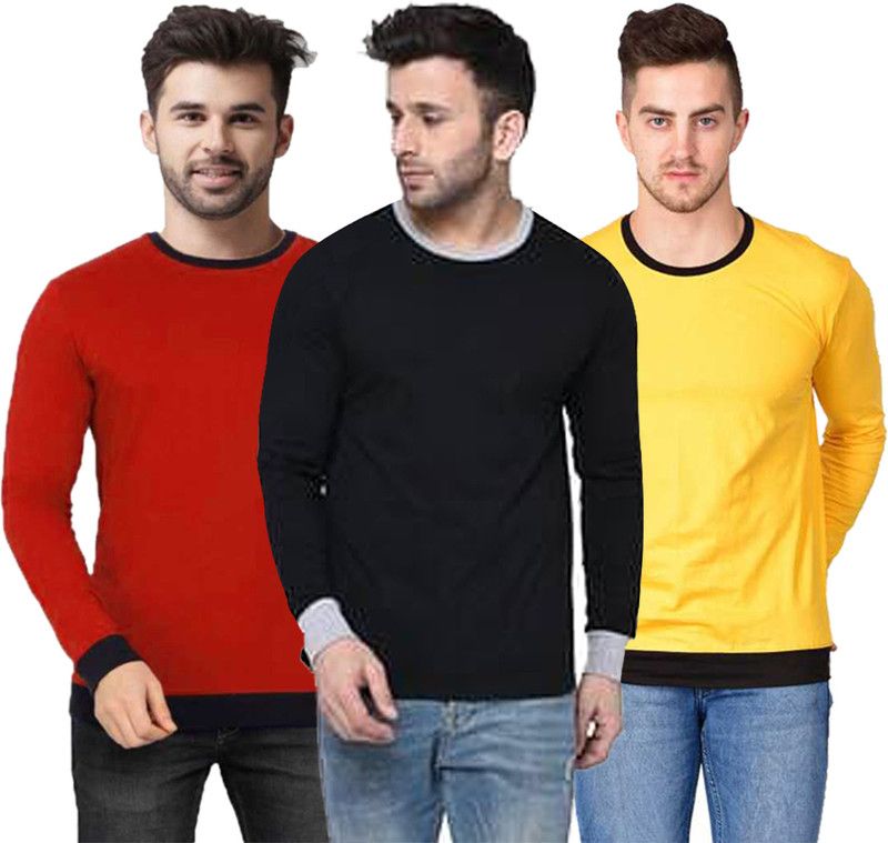 Pack of 3 3 Tee combo Men Solid Round Neck Cotton Blend Red, Black, Yellow T-Shirt