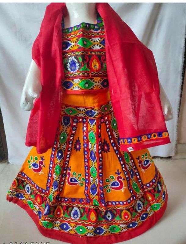 Girls Lehenga Choli Western Wear Embroidered Lehenga, Choli and Dupatta Set  (Orange, Pack of 1)