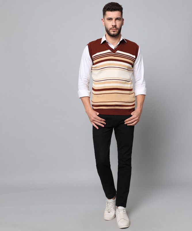 Men Striped V Neck Brown, Beige Sweater