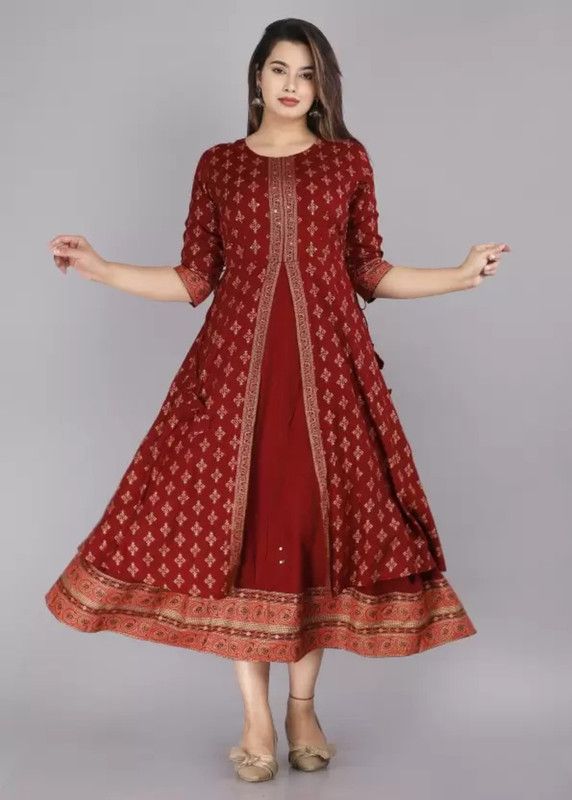Women Embellished Viscose Rayon Flared Kurta  (Maroon)