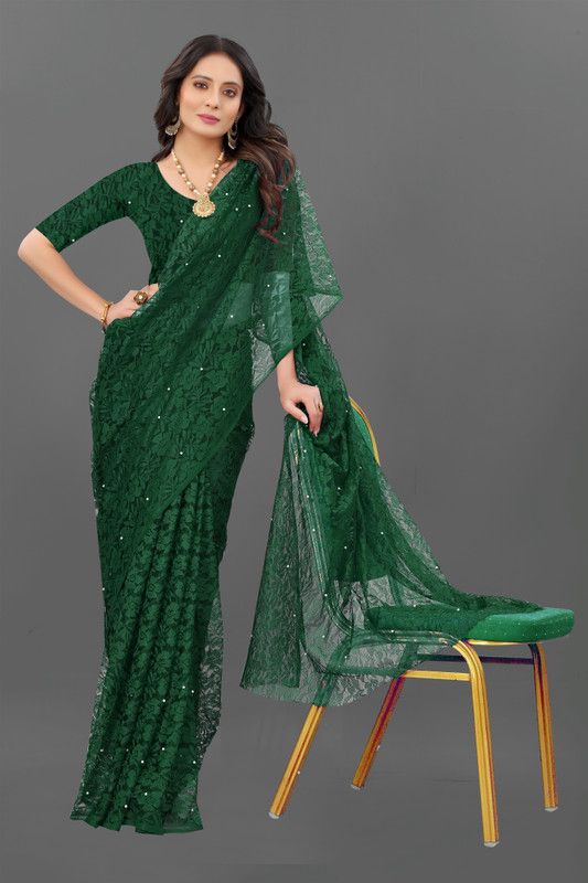 Solid/Plain Bollywood Net Saree  (Dark Green)