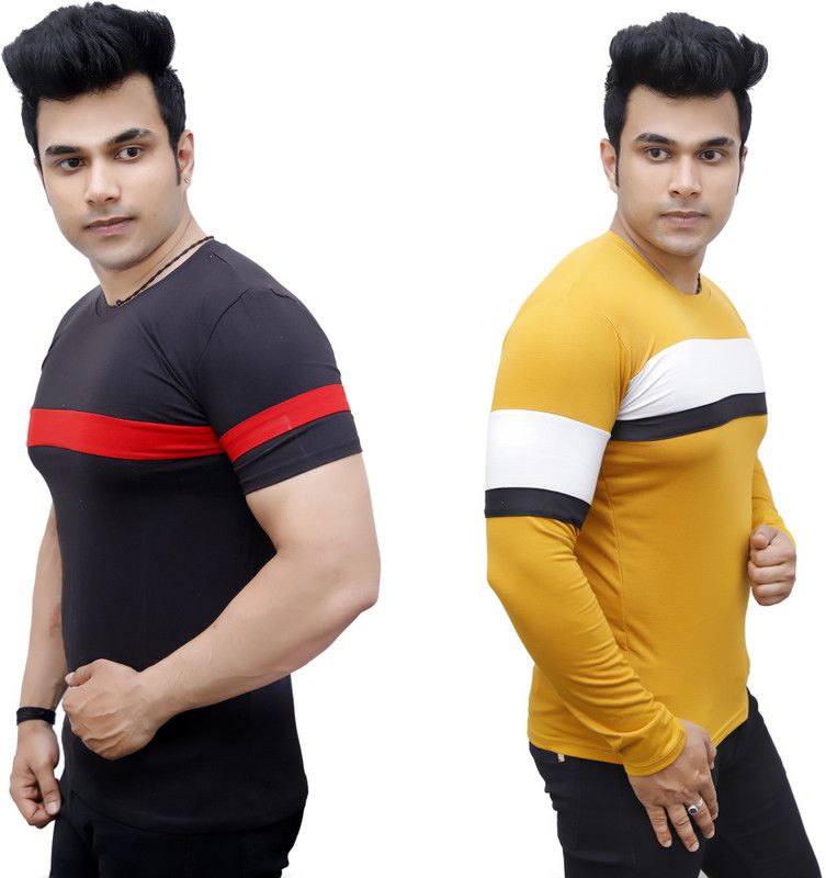Pack of 2 Men Striped Round Neck Cotton Blend Black, Yellow T-Shirt