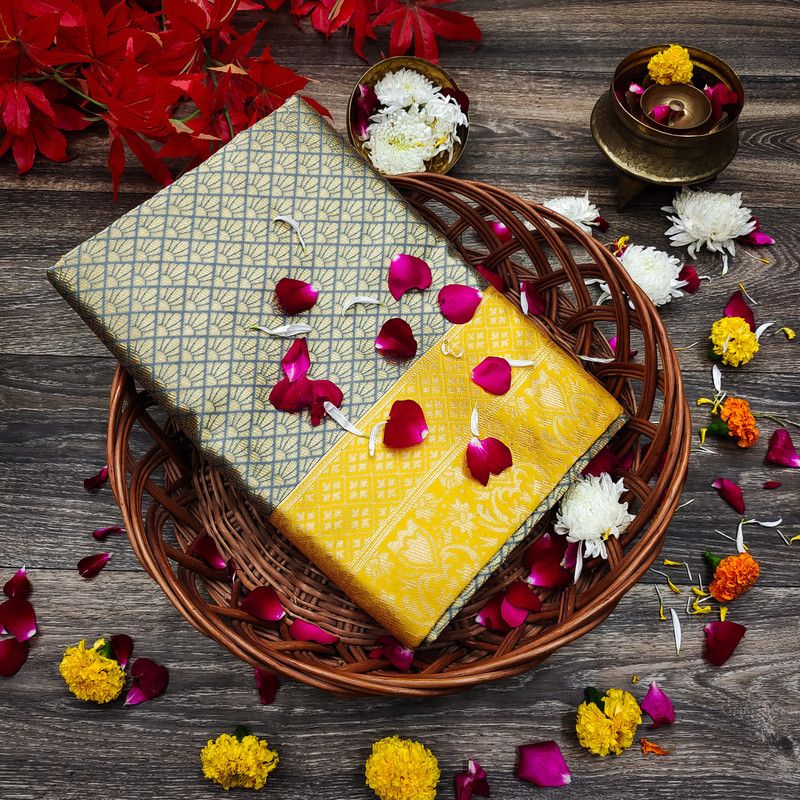 Woven Kanjivaram Jacquard Saree  (Silver)