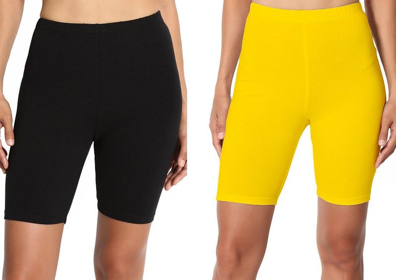 Pack of 2 Solid Women Black, Yellow Cycling Shorts